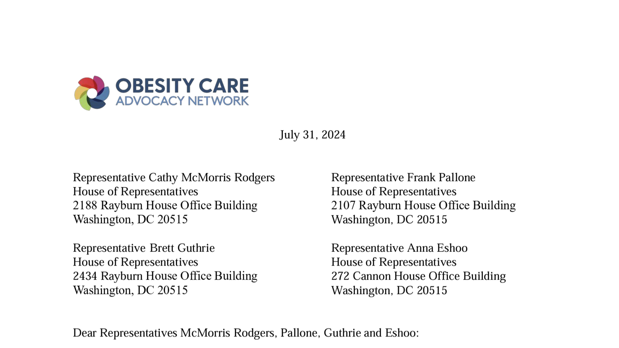 OCAN Letter to House Energy and Commerce Committee Leadership Urging Action on the Treat and Reduce Obesity Act