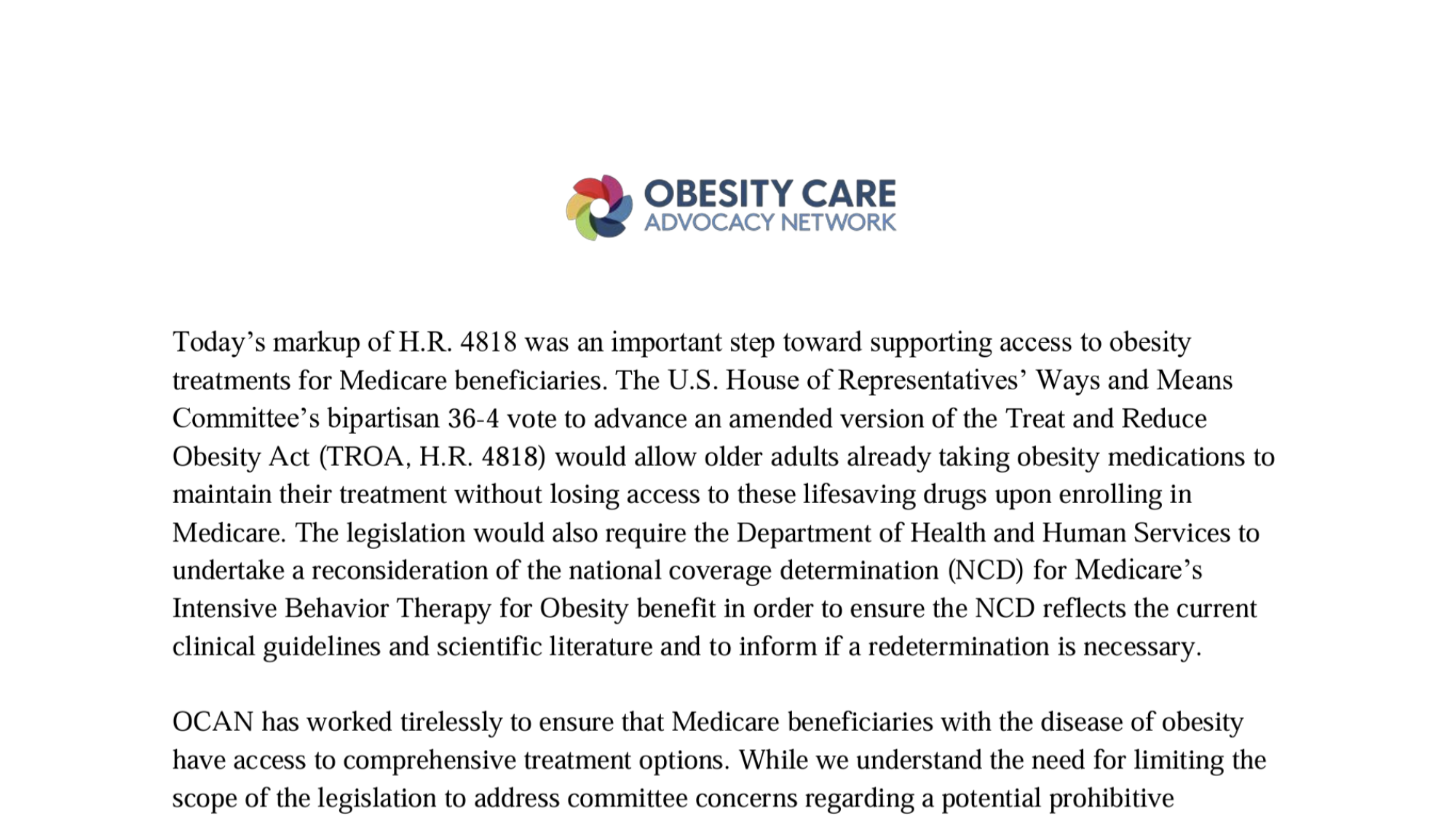 OCAN Applauds House Ways &amp; Means Committee's Bipartisan Support of an Amended Version of the Treat and Reduce Obesity Act