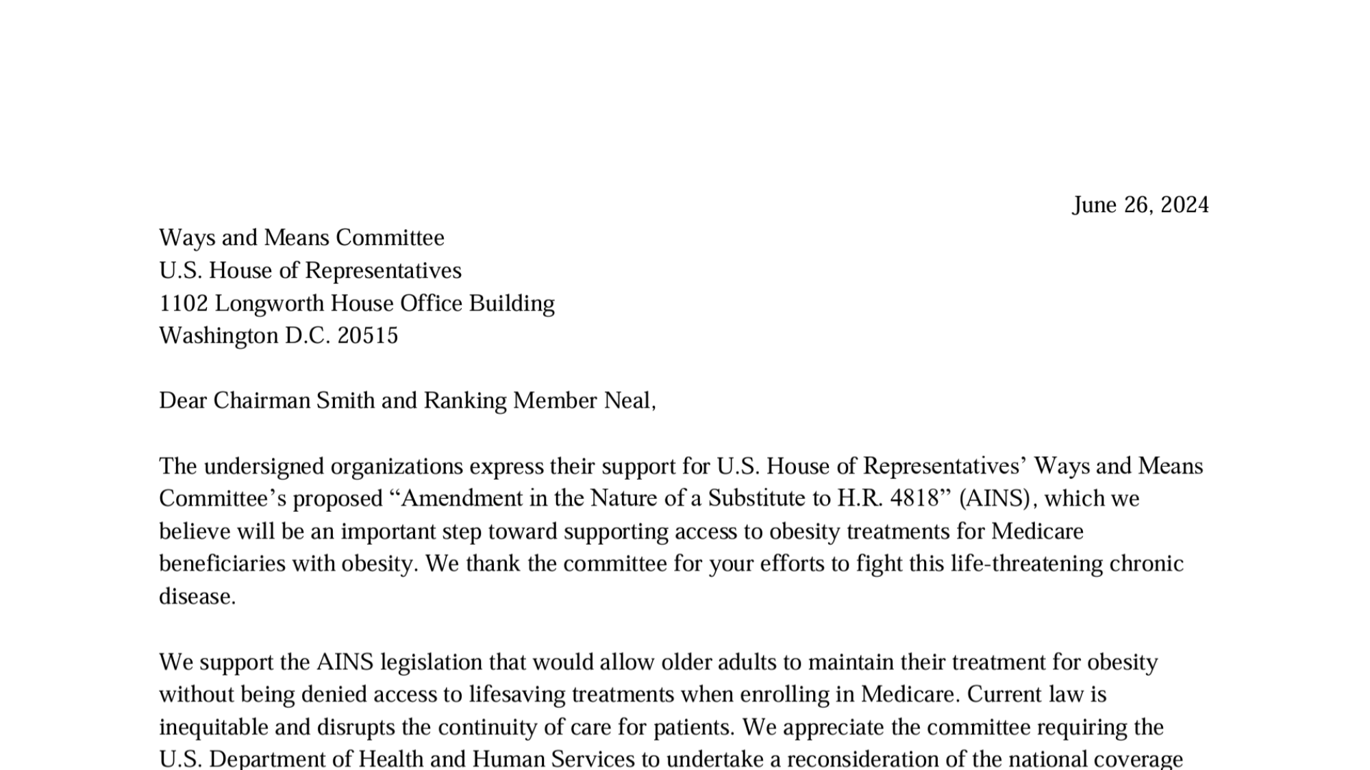 Multi-Stakeholder Letter In Support of Chairman’s Mark of HR 4818