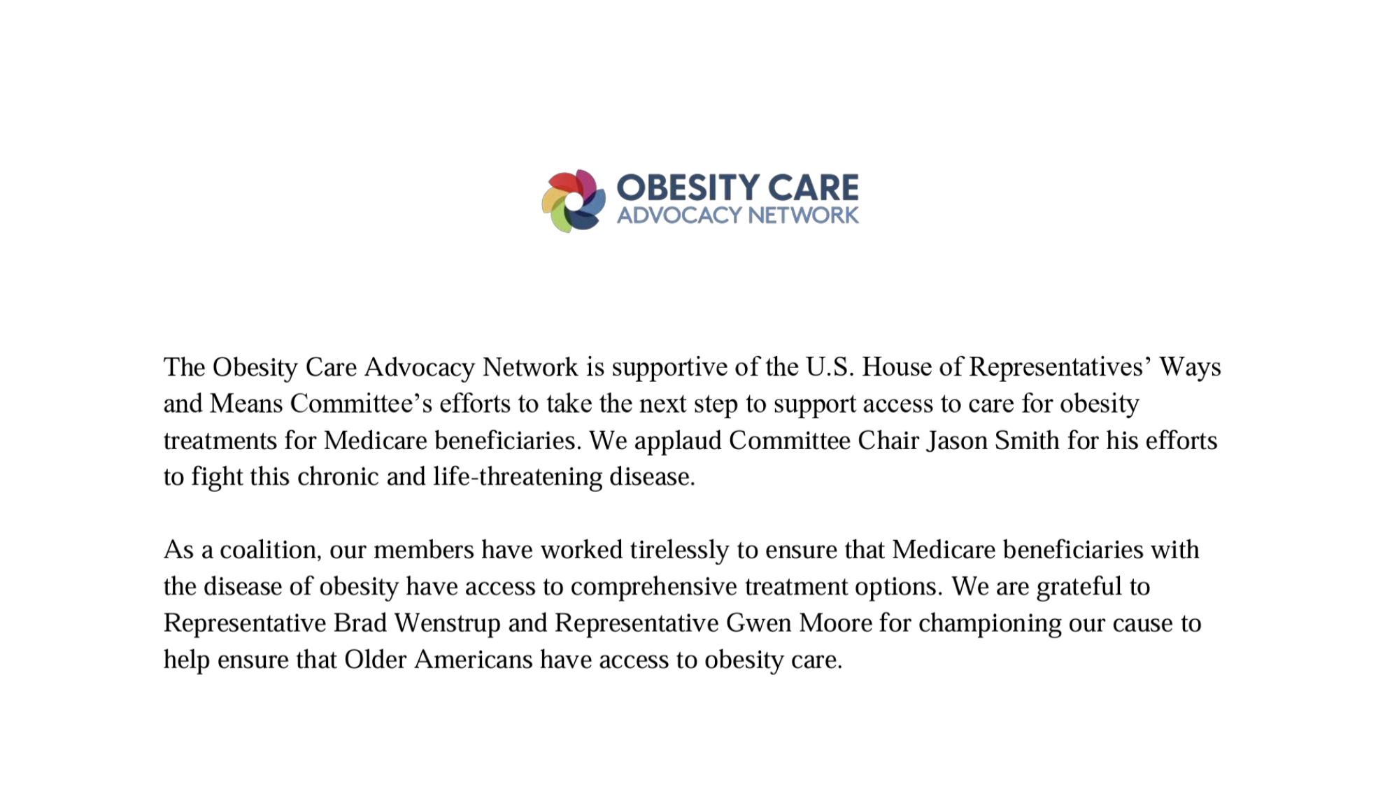 OCAN Supports House Ways and Means Committee Efforts to Improve Access to Obesity Care