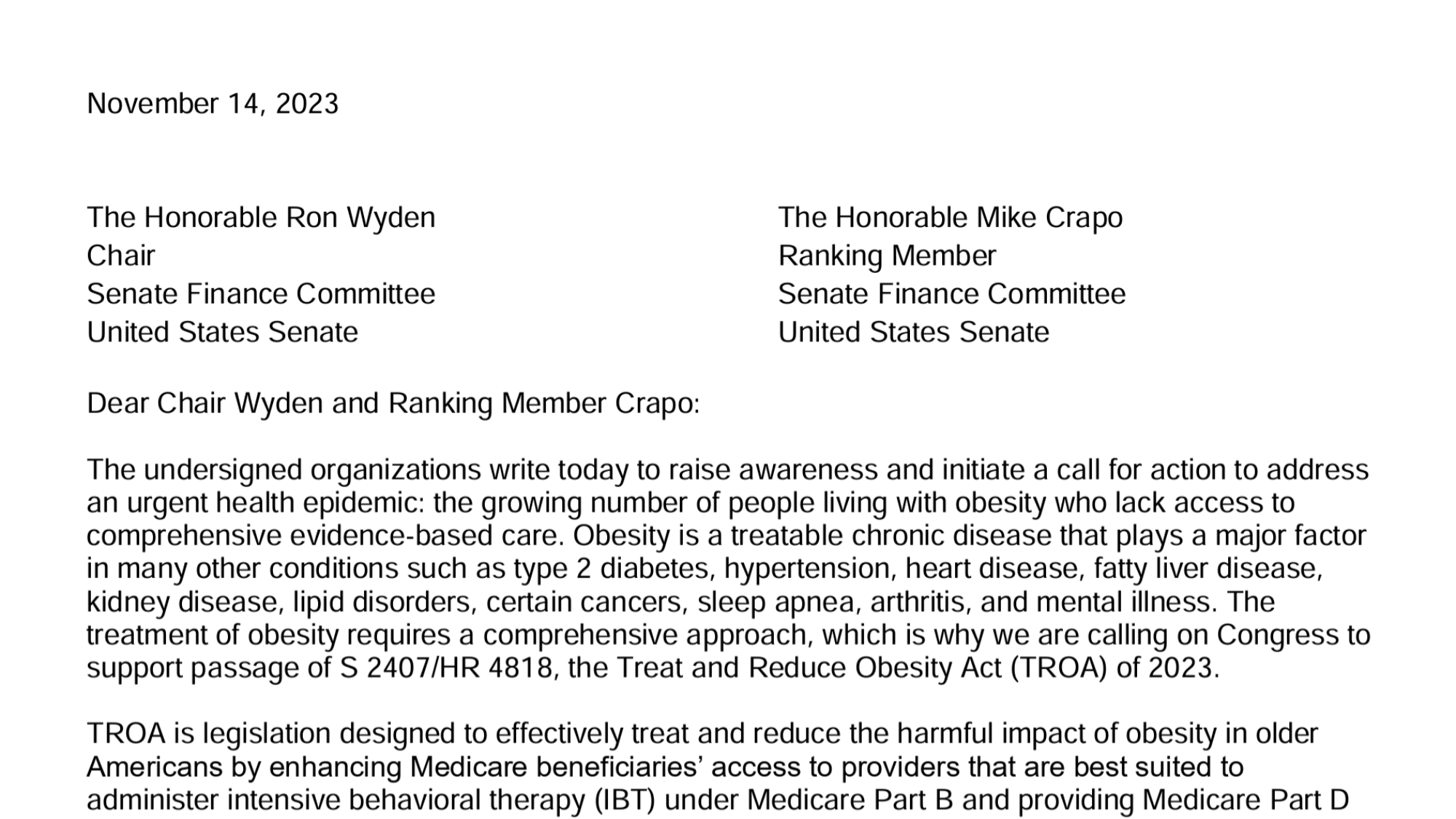 Over 100 National and State Organizations Advocate for Passage of the Treat and Reduce Obesity Act (TROA)