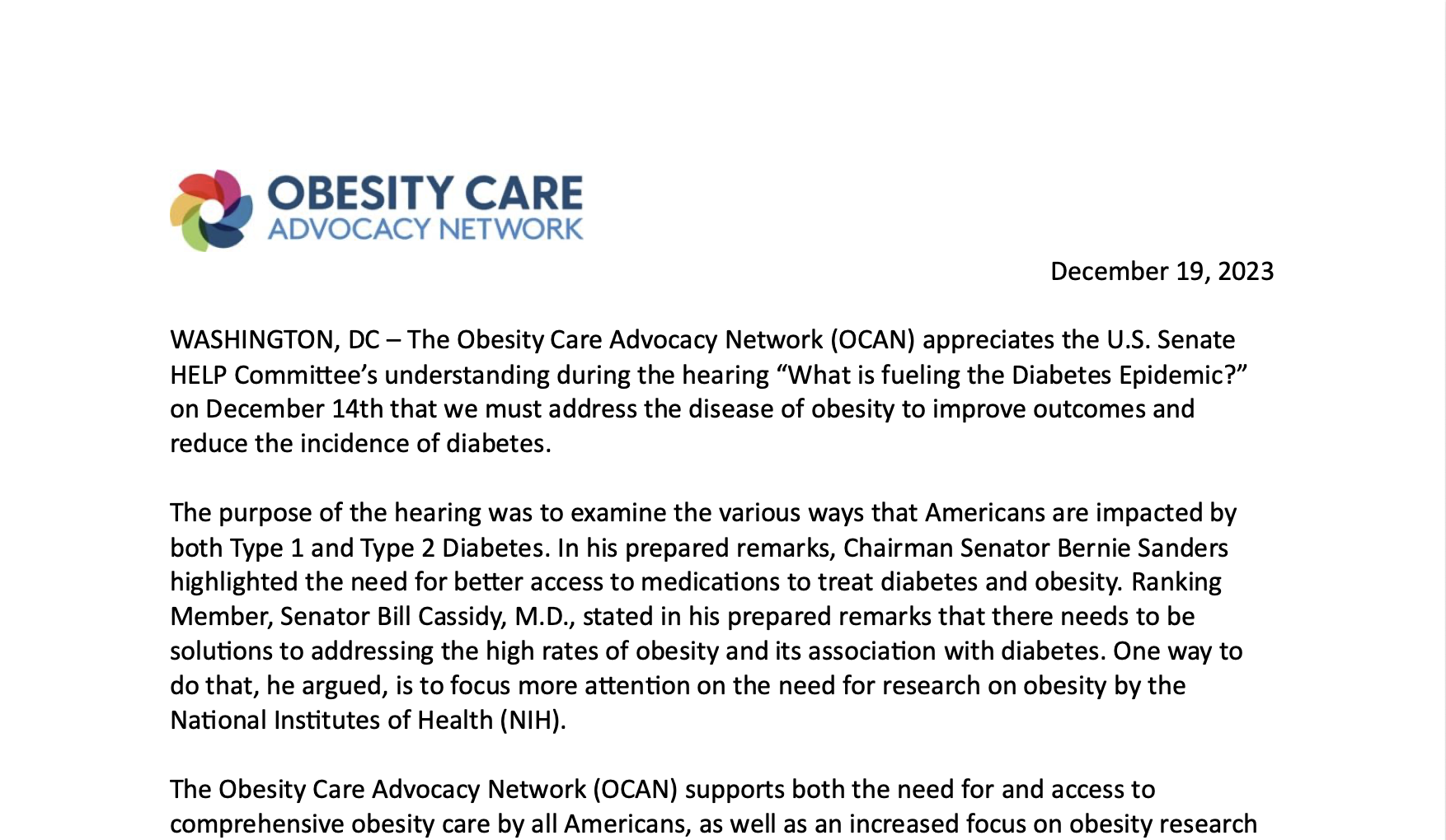 OCAN Statement on December 2023 Senate HELP Committee on Diabetes