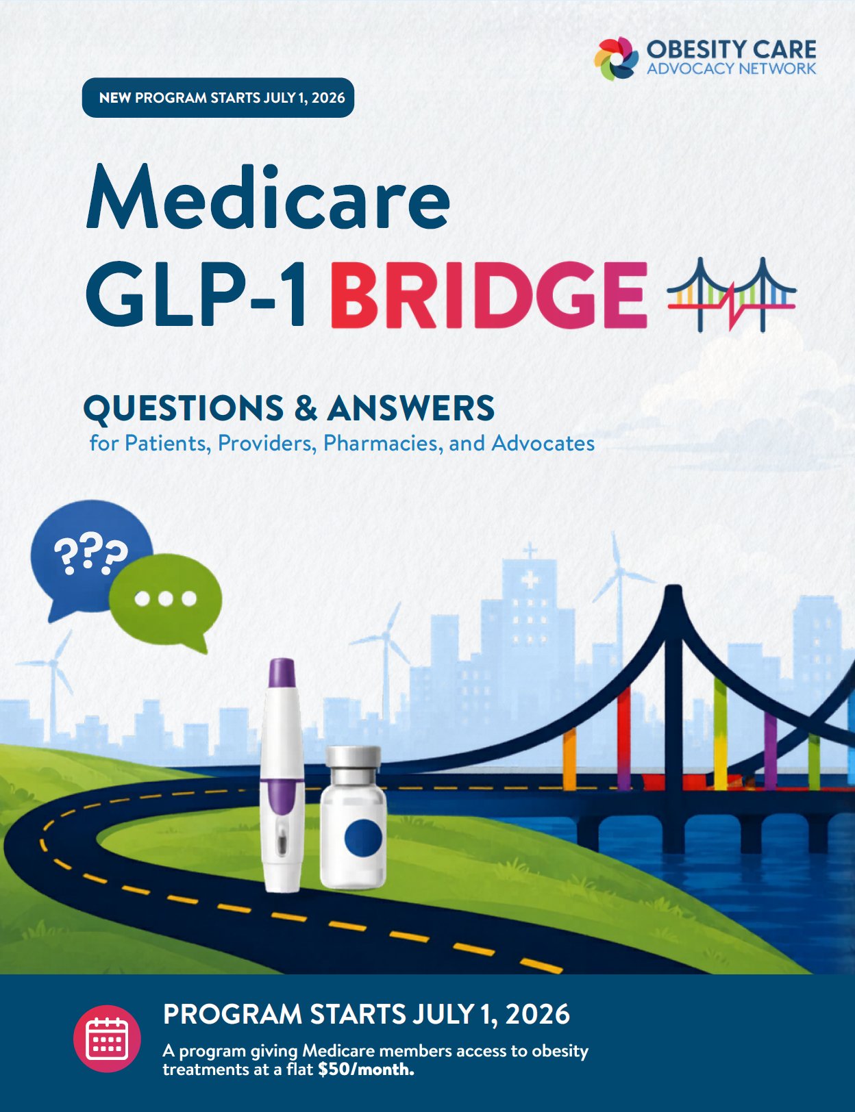 Illustration of a bridge labeled "Medicare GLP-1," symbolizing access to diabetes medication coverage.