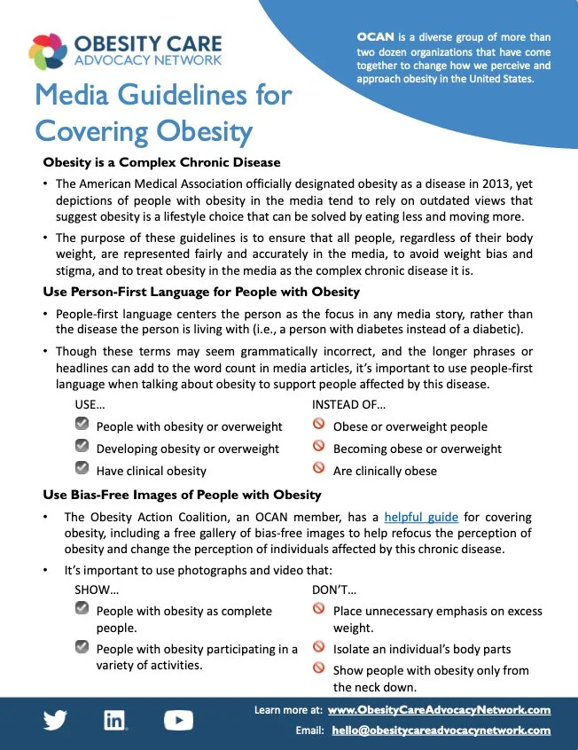 Informative guidelines for journalists on responsibly reporting and discussing obesity in media.