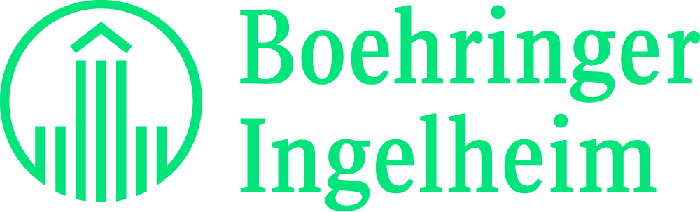 Boehringer Ingelheim logo featuring a stylized blue and green design with the company name in bold letters.

