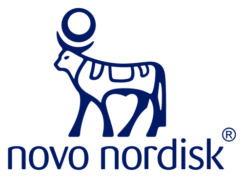 Logo of Novo Nordisk featuring a stylized blue figure and the company name in bold letters.