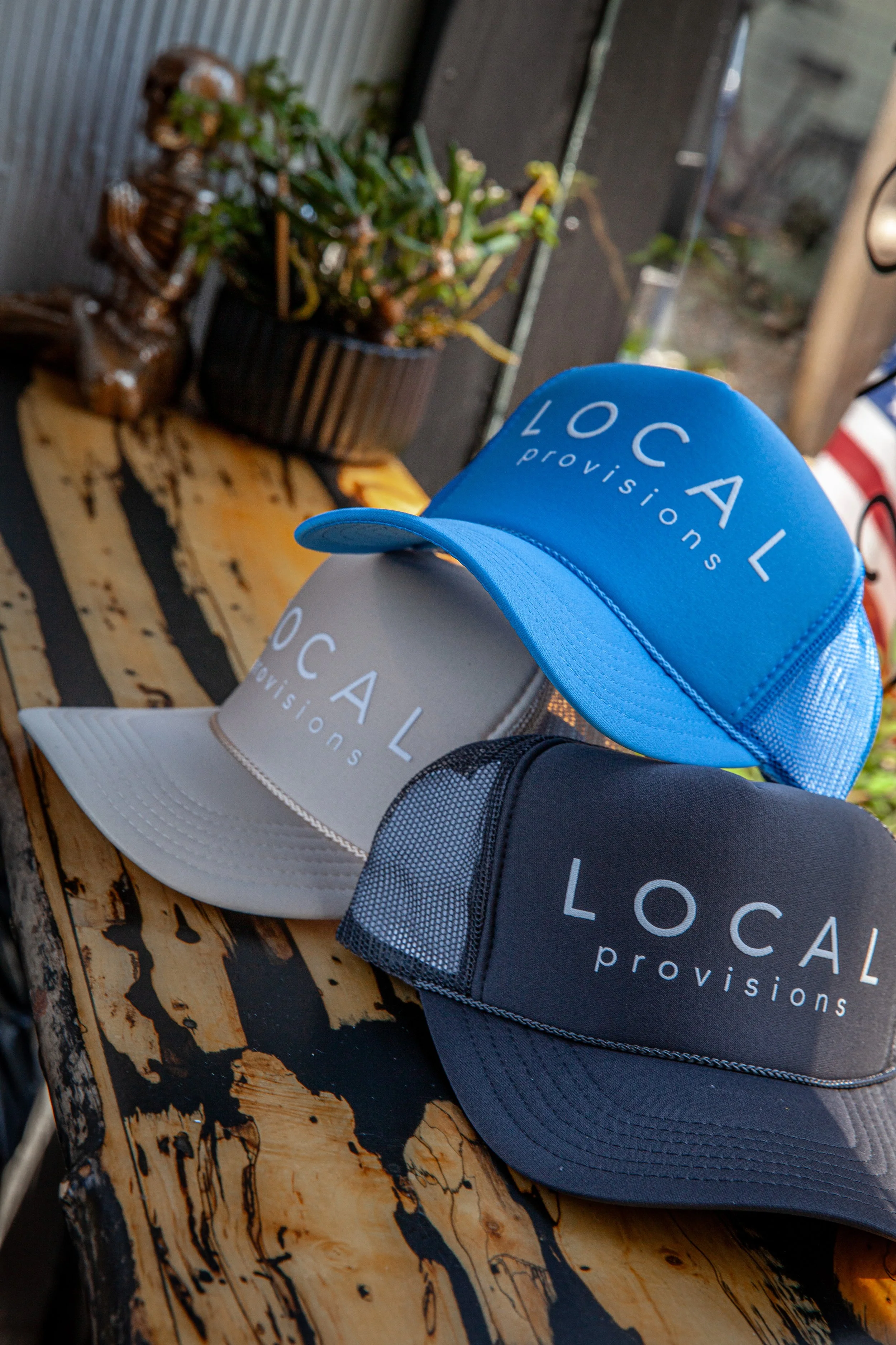 Three baseball caps with the logo 'LOCAL provisions' resting on a rustic wooden surface. One cap is blue, one is white, and one is black. In the background, there is a potted plant with long, green, thick, and twisting leaves and a ceramic figure of a woman.