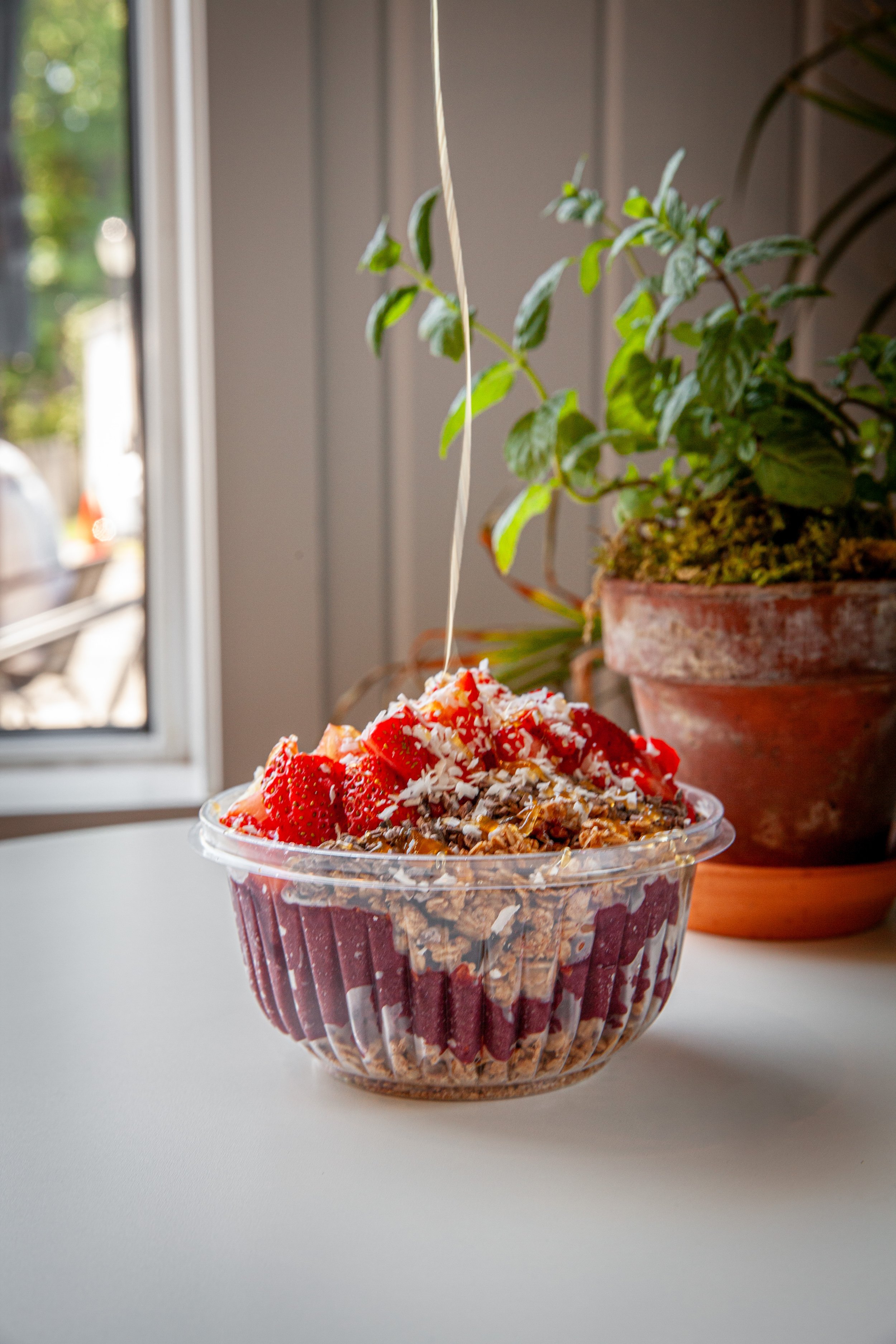 A bowl of strawberry and granola dessert with shredded coconut on top, placed on a white surface near a window with a potted plant in the background.