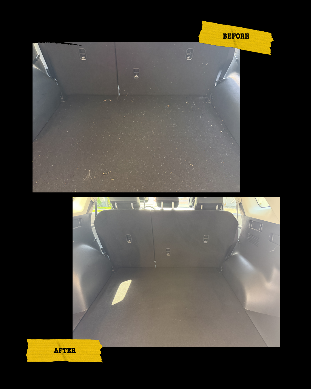 Comparison of car trunk before and after cleaning, top image shows dusty and dirty trunk, bottom image shows clean, vacuumed trunk.