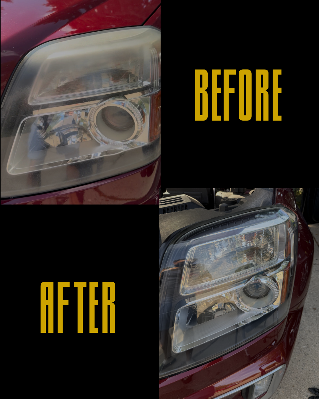 Comparison of car headlights before and after cleaning. The 'before' headlight is cloudy and foggy, while the 'after' headlight is clear and transparent.
