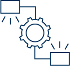 Illustration of interconnected gears with a box emitting a light or signal