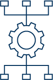 Diagram of a gear connected to a flowchart or process diagram with lines and boxes.