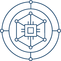 A digital illustration of a geometric design featuring interconnected circles, lines, and squares, with a central square surrounded by symmetrical patterns.
