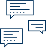 Four blue speech bubbles with dotted lines indicating text inside.