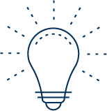 Outline of a light bulb with dashed lines radiating outward