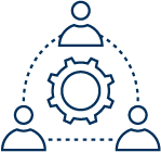Three people connected around a gear icon, representing collaboration or teamwork.