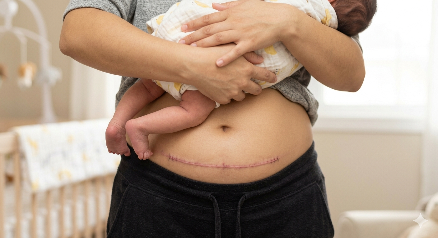 Mother holding her newborn baby, with a healed C-section scar visible on her abdomen