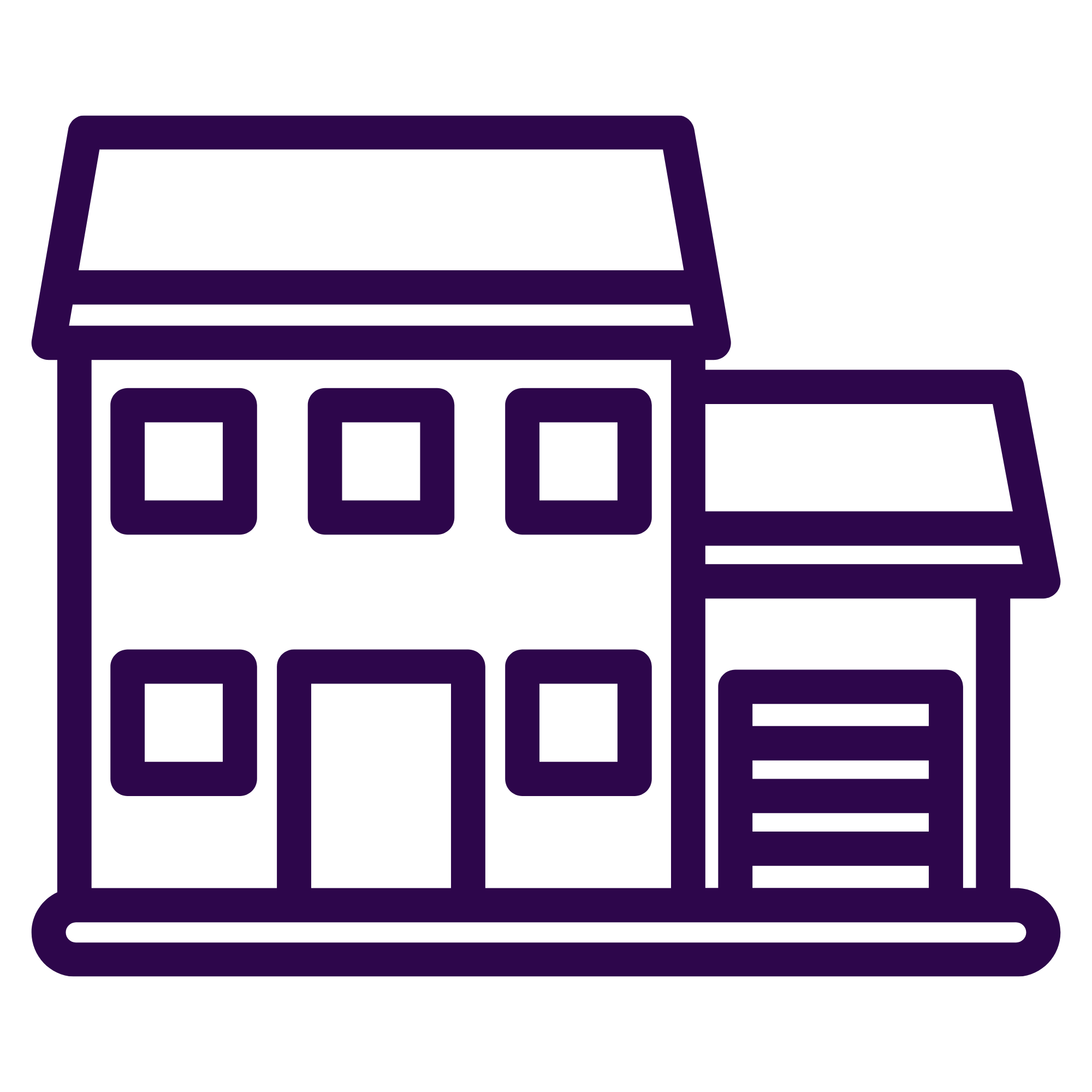 Outline illustration of a house with a tree next to it, all in purple.