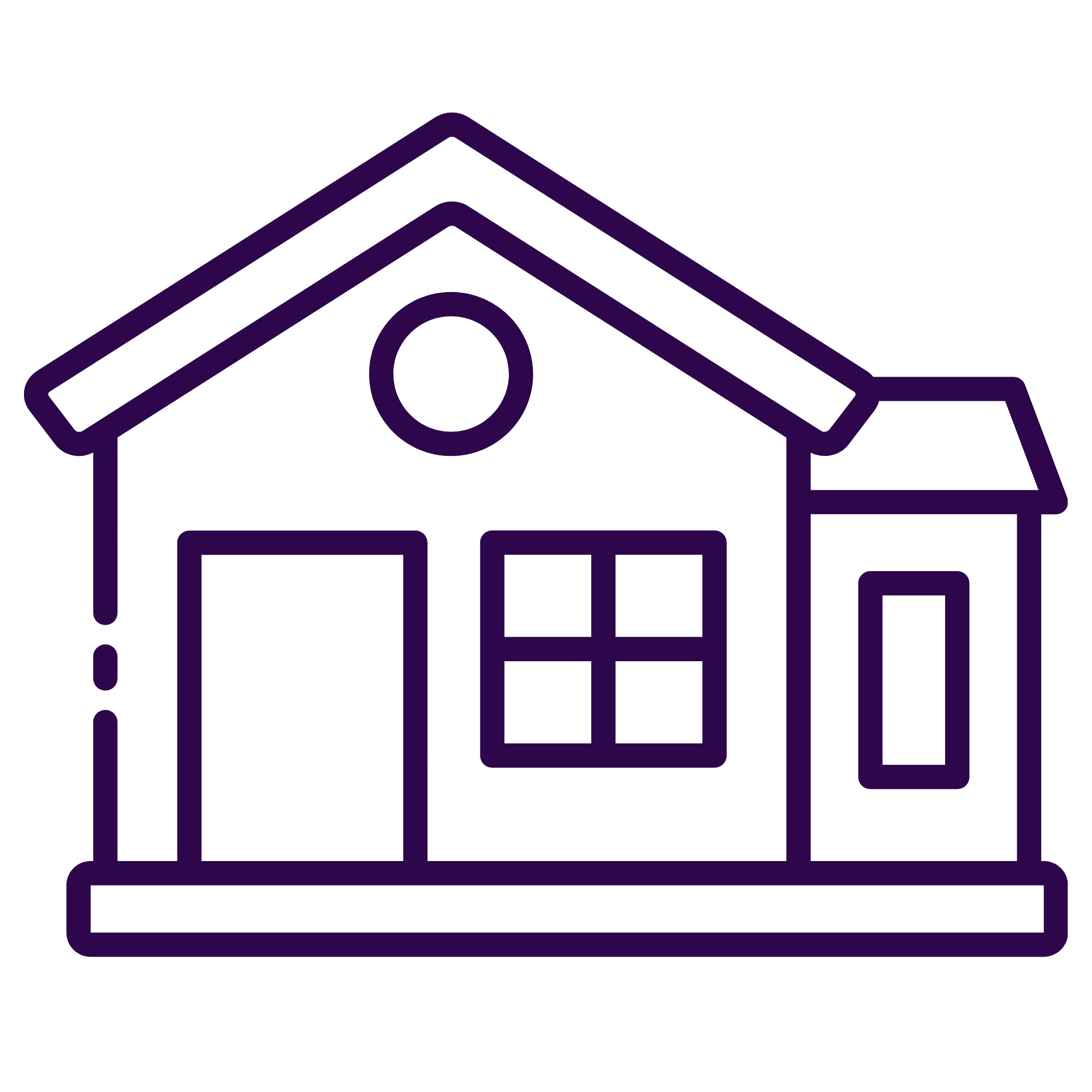 Stylized outline of a house with a gable roof, a window, and a door, all in purple outline style, on a black background.
