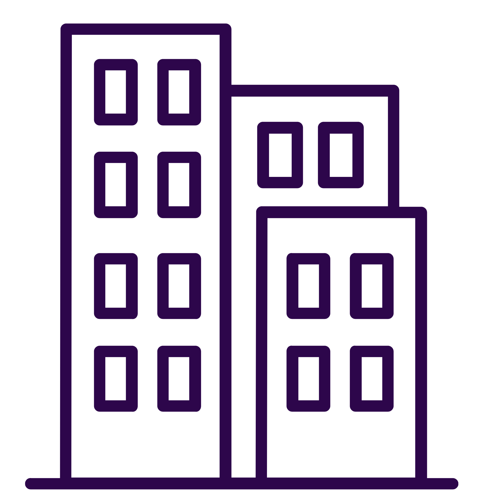 Line drawing of a cityscape with tall buildings and windows in purple outline.