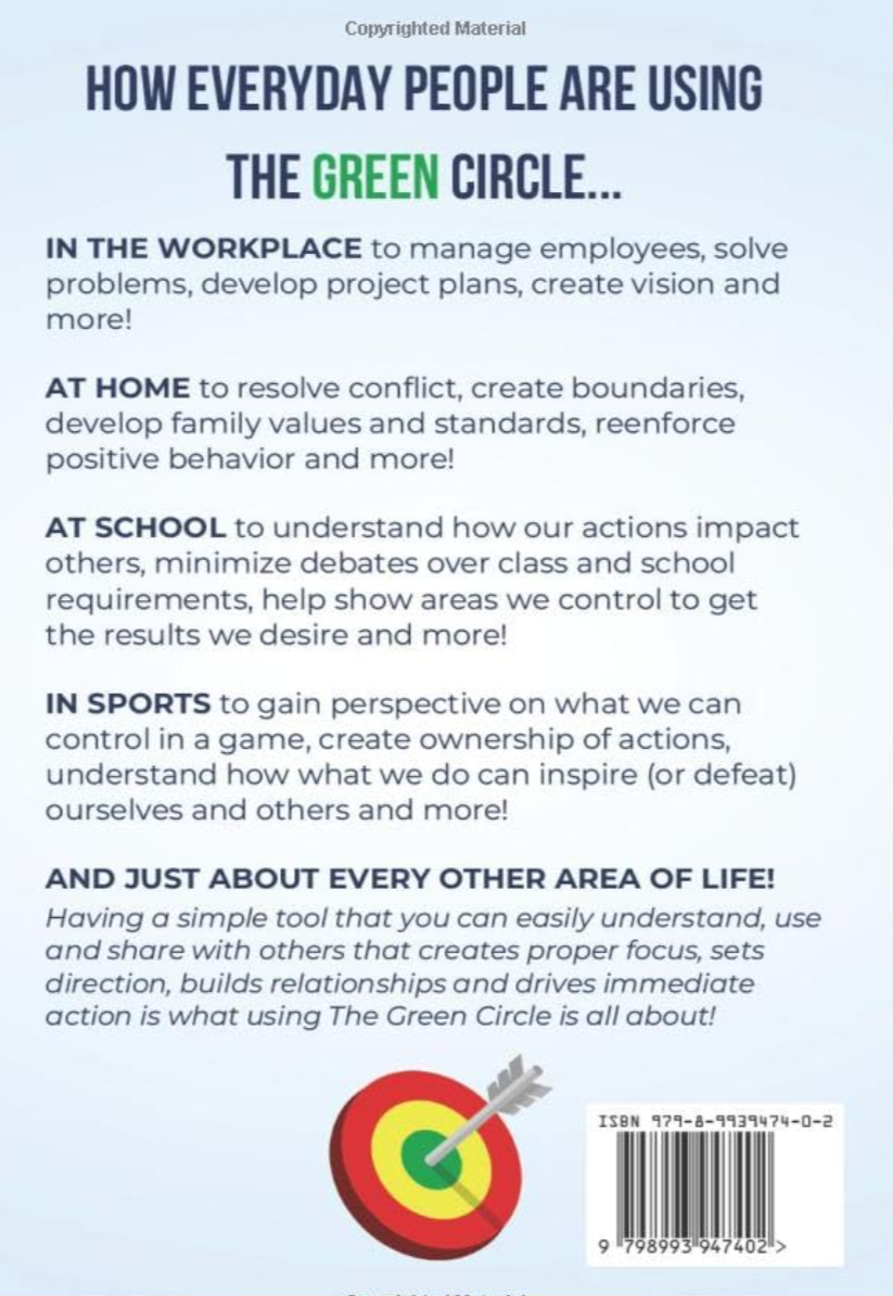 Back cover of a book explaining how the Green Circle tool is used in various areas of life, including workplace, home, school, sports, and other areas, with an image of a target with an arrow in the bullseye. A tool for all areas of your life.