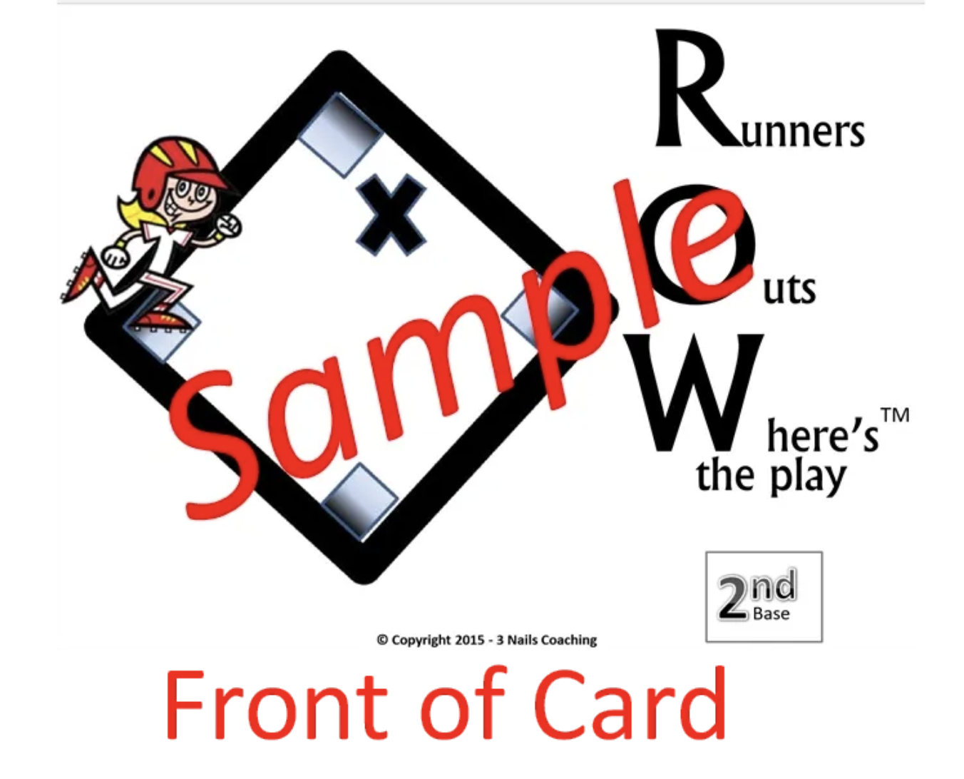 A sample of the front of a 'know the play' softball training tool card showing how you can assess a game situation with the X representing second base and there is a runner at 3 or third base.