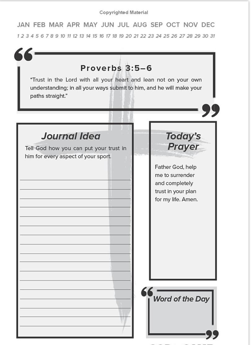 A daily planner page featuring a Bible verse from Proverbs 3:5-6, a journal idea prompt, today’s prayer, and a word of the day section. Example of an easy, daily devotional for athletes that can be done in 5 minutes or less each day.