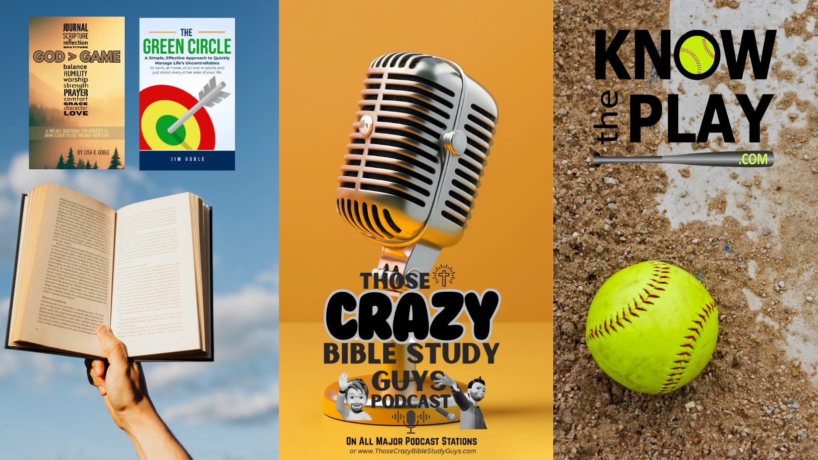 A collage of images including leadership and self-help book, a daily devotional for athletes, a fun bible study podcast, and a softball training tool to learning how to know the play.