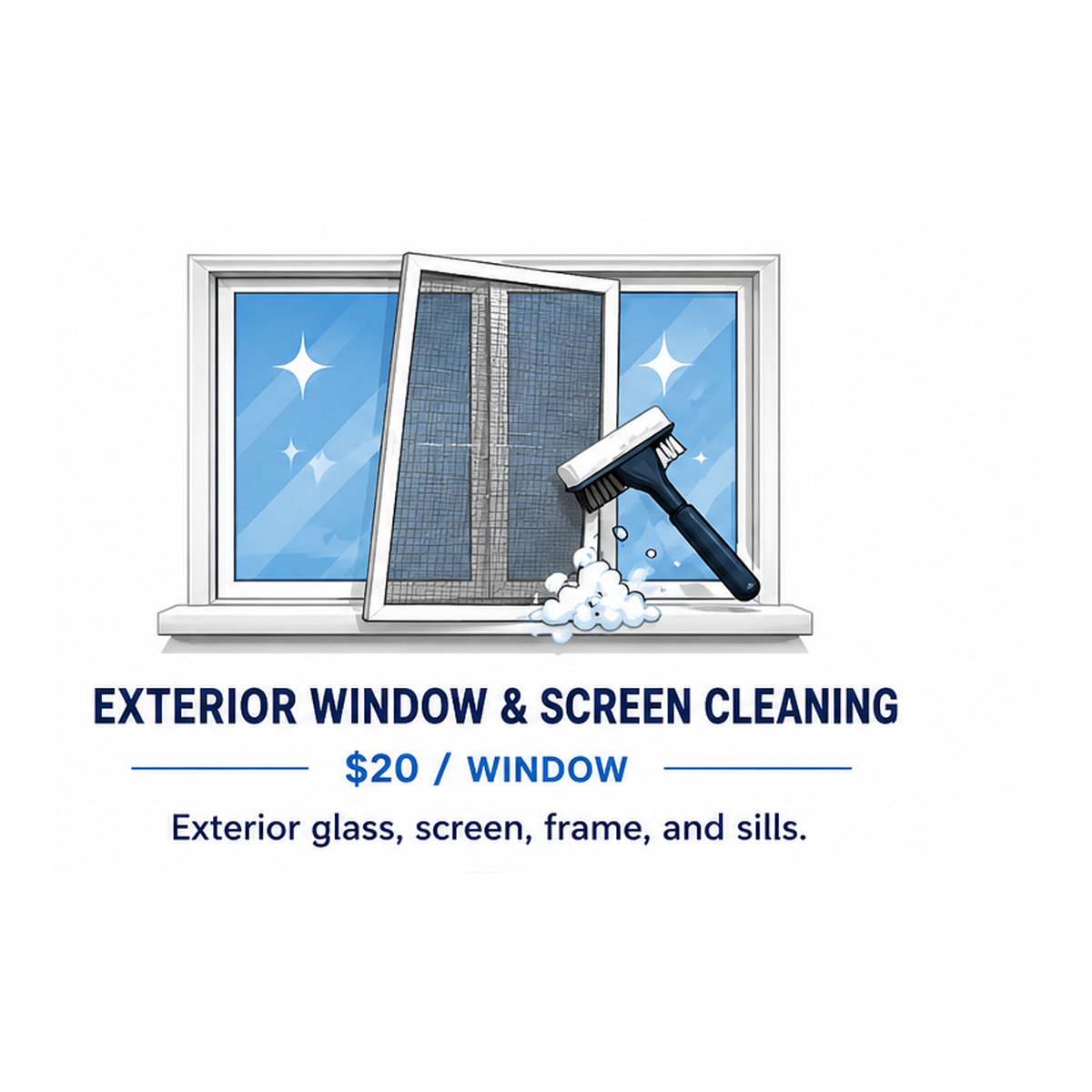 Illustration of a window with a screen being cleaned with a brush, with soap suds, and sparkling clean glass. The ad text offers exterior window and screen cleaning for $20 per window, including exterior glass, screen, frame, and sills.