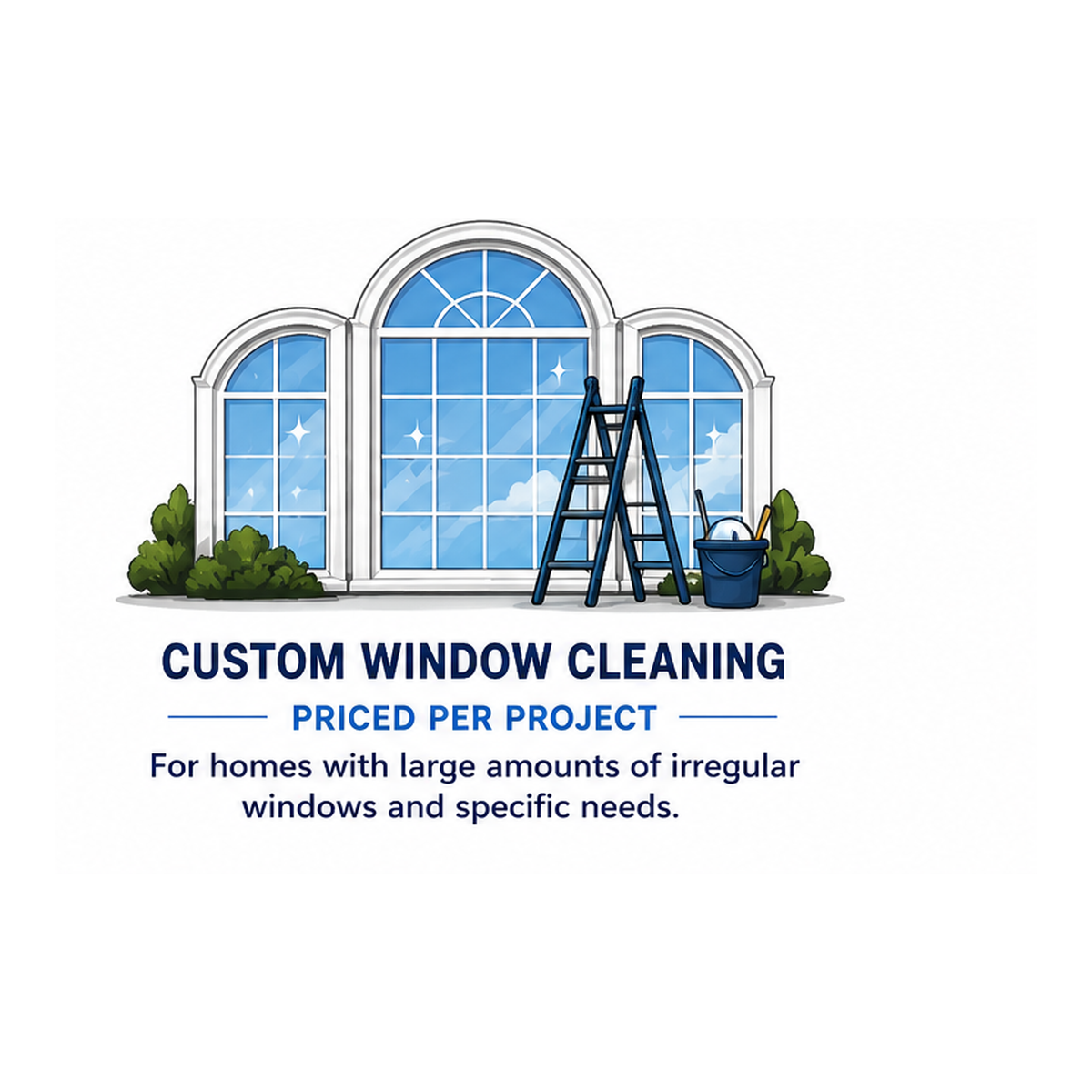 An advertisement for custom window cleaning services featuring a large arched window with cleaning equipment such as a ladder, bucket, and cleaning tools in front of it. The sky with clouds and stars is visible through the window. The text indicates prices are per project and are for homes with many irregular windows.
