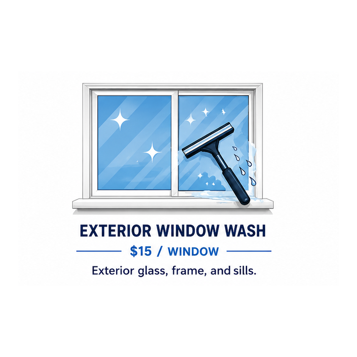 A window with a squeegee cleaning the glass, with sparkles indicating cleanliness, for an advertisement offering exterior window washing services for $15 per window, including exterior glass, frame, and sills.