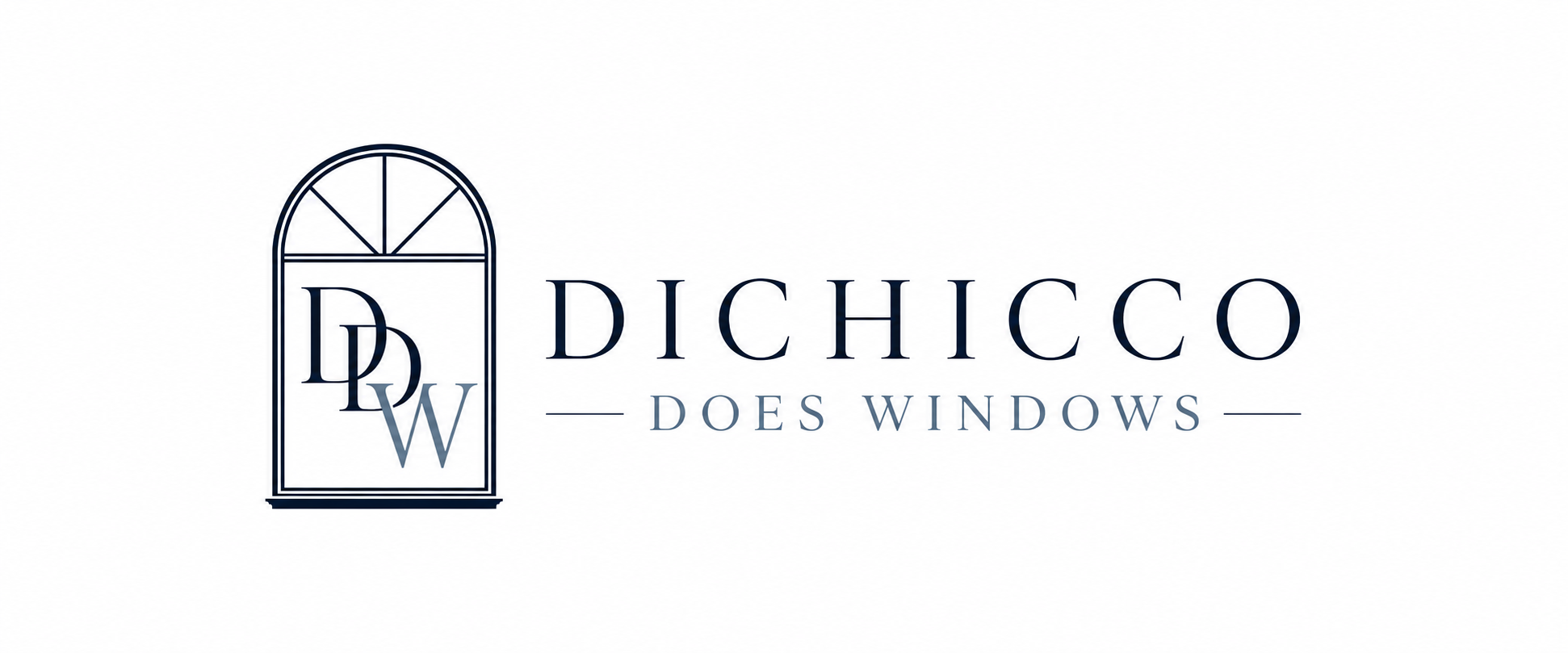 Company logo with an arched window graphic containing initials D, D, W and the text "Dichico Does Windows" in elegant blue font.
