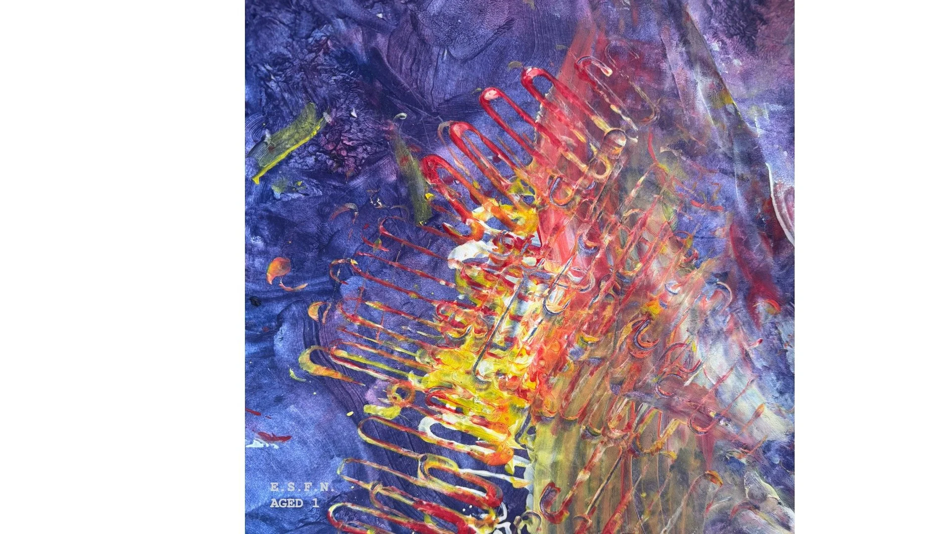 An abstract painting with a dark blue background featuring vibrant, swirling colors of yellow, orange, and red. It appears to depict a stylized, abstract shape resembling a flame or a ladder with textured, layered brushstrokes. ESFN Aged 1