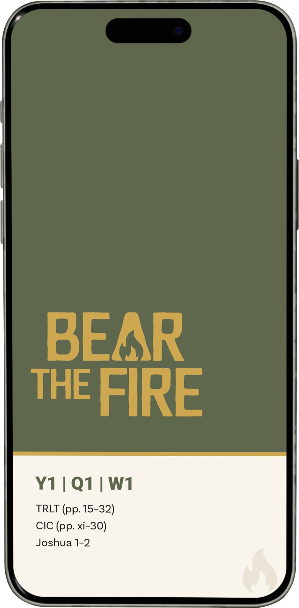 Phone screen displaying a study guide with the title 'Bear the Fire' in stylized yellow and orange text, and course details for Y1, Q1, W1 including TRLT, CIC, and Joshua 1-2.