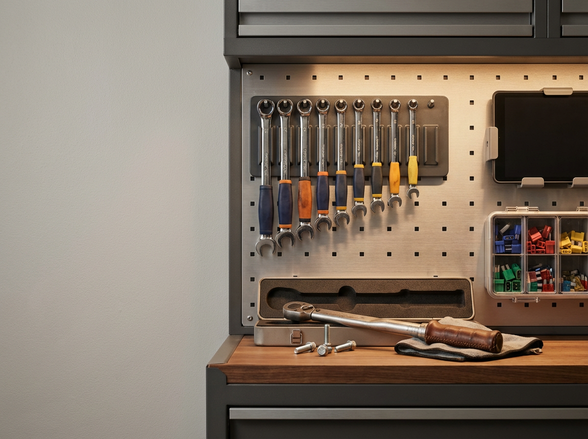 A pegboard with various screwdrivers hanging on hooks, a small organizing box with colorful clips, a smartphone in a holder, and a ratchet wrench with bolts on a workspace with a wooden surface.