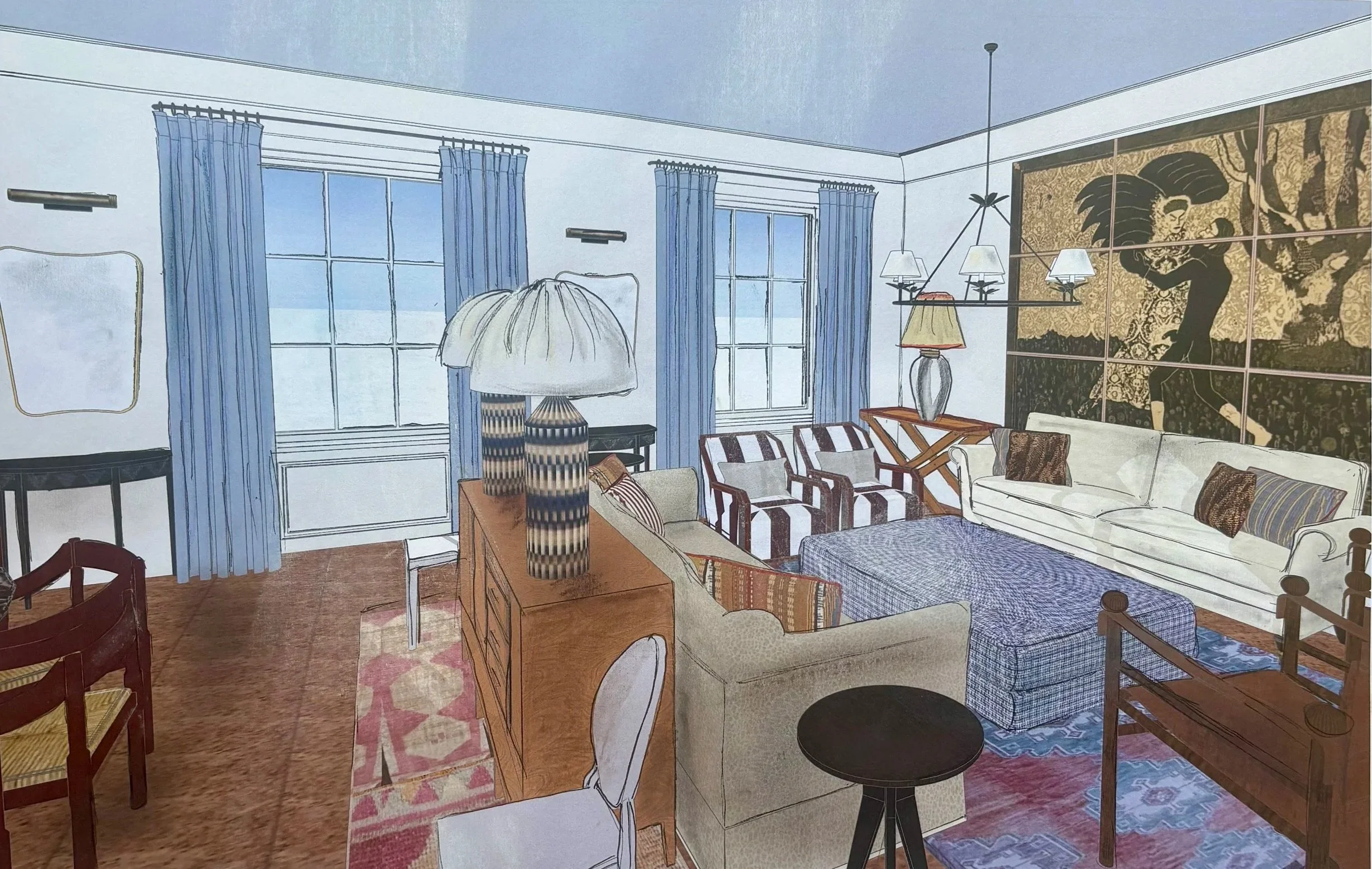 A living room with blue curtains on multiple windows, a mix of vintage and modern furniture including sofas, chairs, lamps, and a large decorative wall art featuring a woman and a lion.