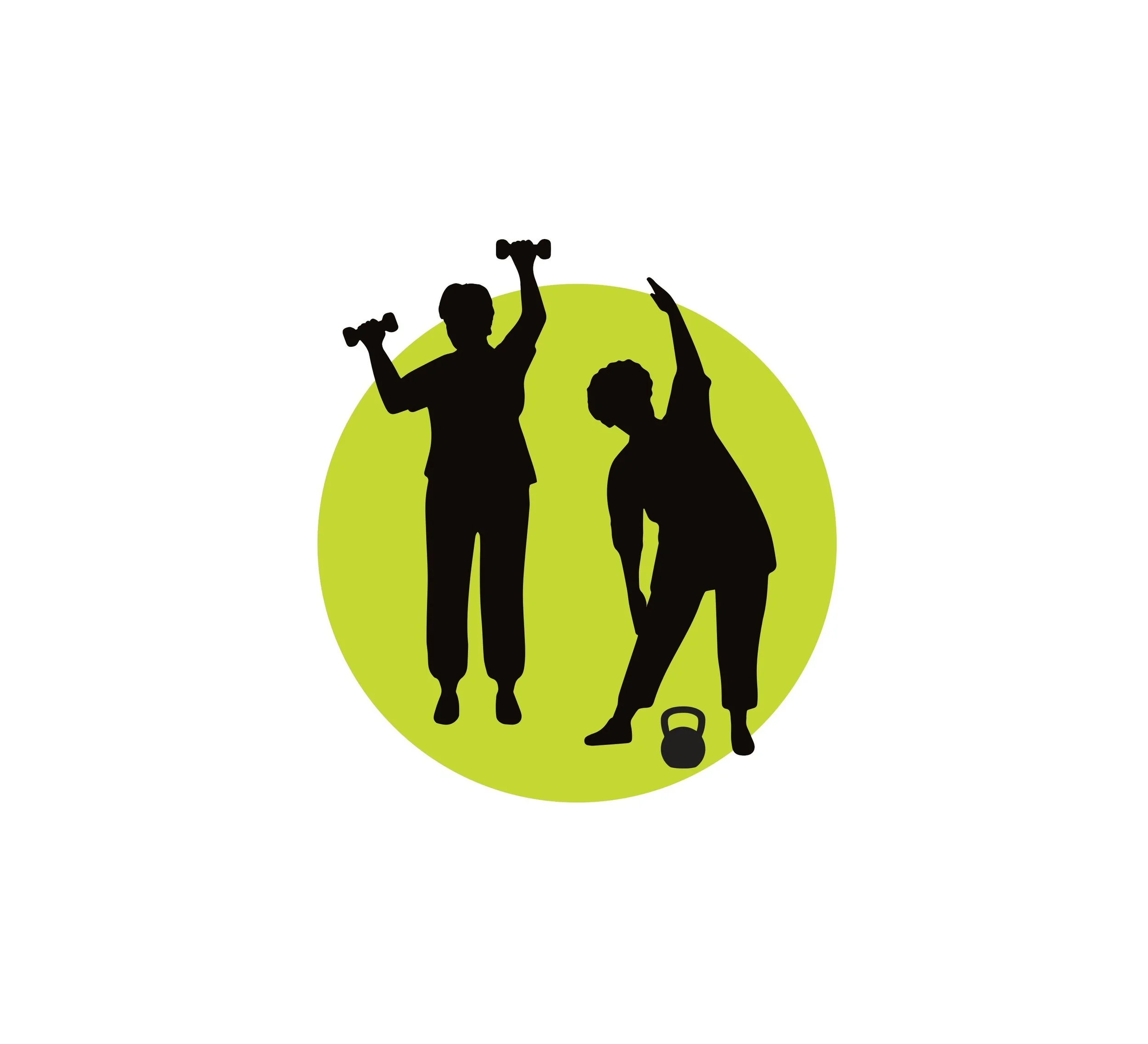 Silhouettes of two children, one holding dumbbells and the other raising a finger, standing against a green circular background.
