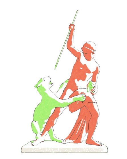 A statue of a person with sunglasses, holding a stick, with two playful dogs, one green and one white, around him.