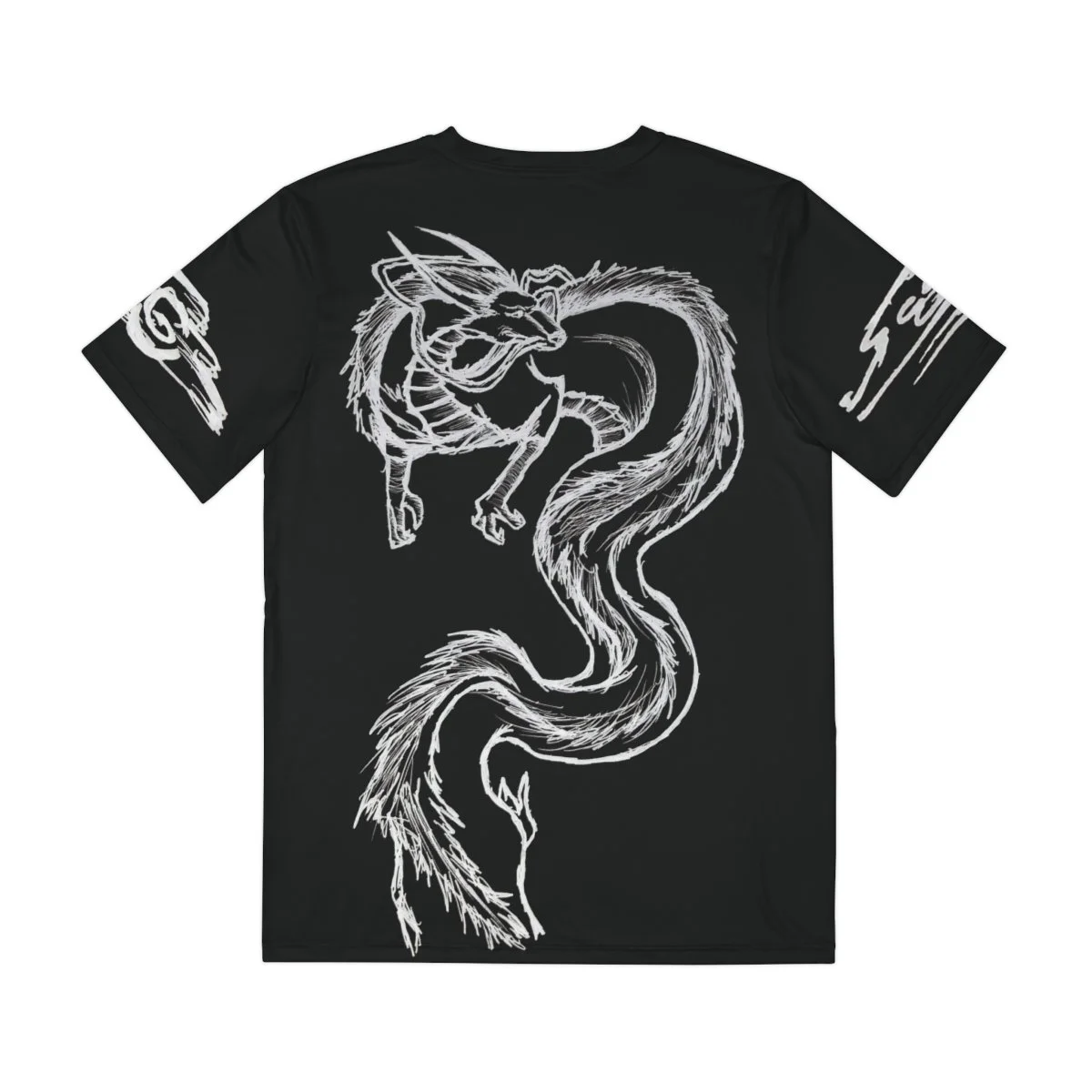 Black T-shirt featuring a white sketch of a dragon and swirling tail design.