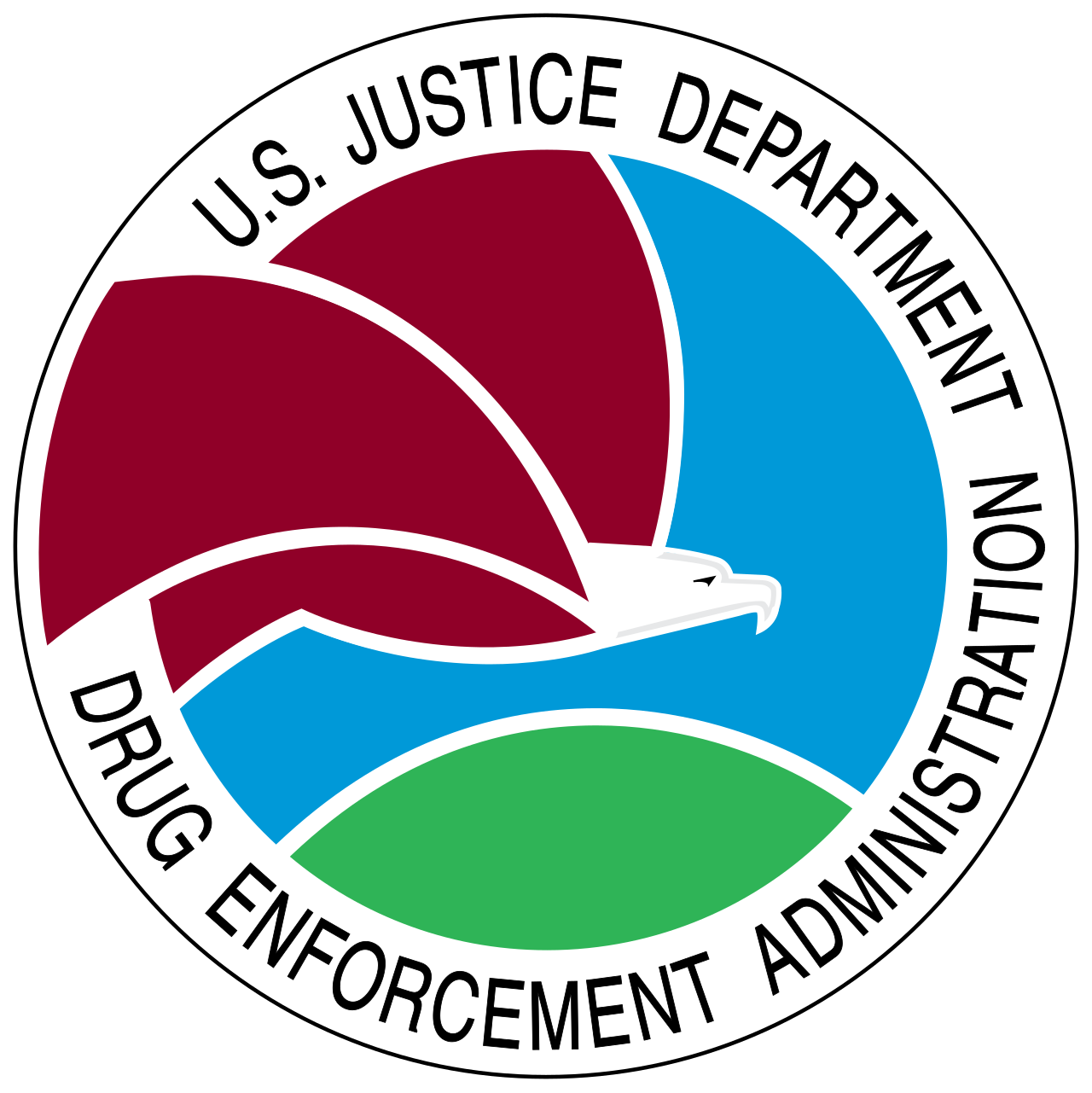 U.S. Justice Department Drug Enforcement Administration emblem featuring an eagle with wings spread, with the surrounding text