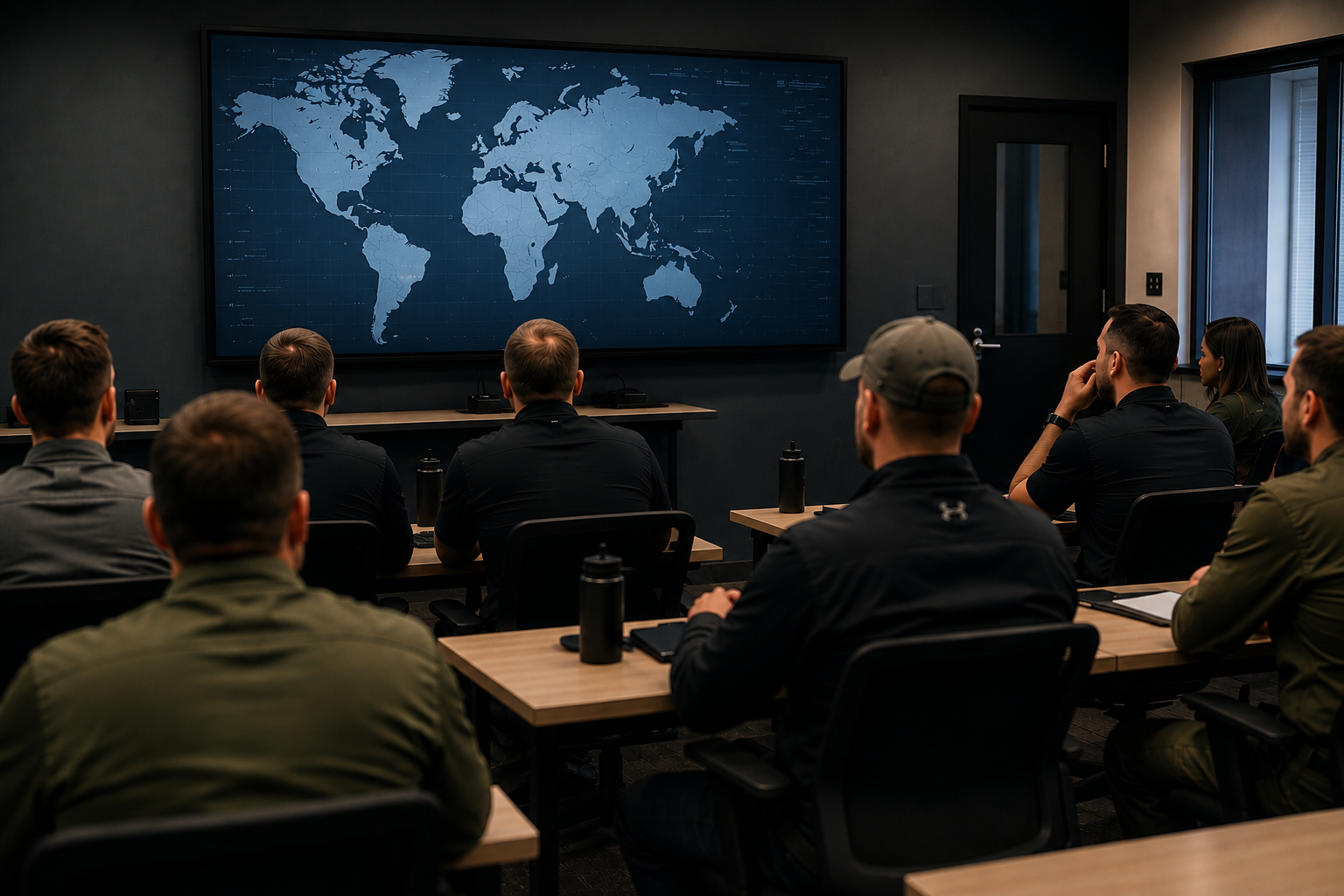 People attending a presentation in a conference room, looking at a large world map on a screen.