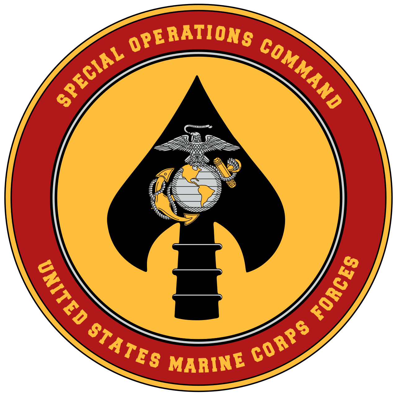 Emblem of the United States Marine Corps Special Operations Command, featuring a black spade shape with an eagle, globe, and anchor emblem, surrounded by red and gold text.