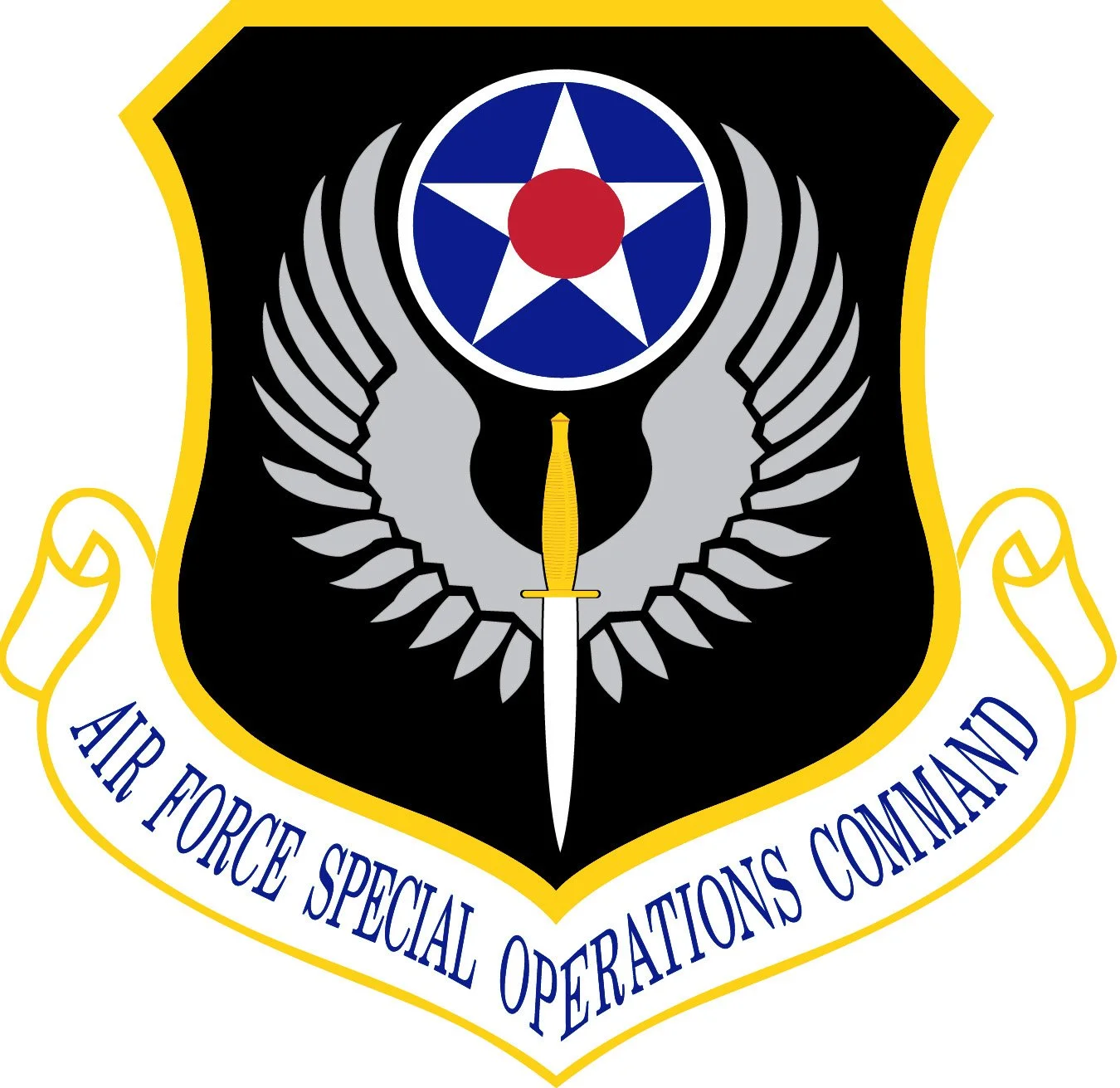 A badge with a black background, a yellow border, and a white scroll at the bottom reading 'AIR FORCE SPECIAL OPERATIONS COMMAND'. The badge features a central shield with a sword pointing downward, gray wings on either side, and a circular emblem at the top with a blue star, white circle, and a red dot in the center.