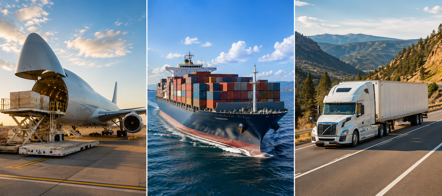 A collage of transportation modes including an airplane at an airport, a cargo ship at sea, and a semi-truck driving on a highway through scenic mountains.