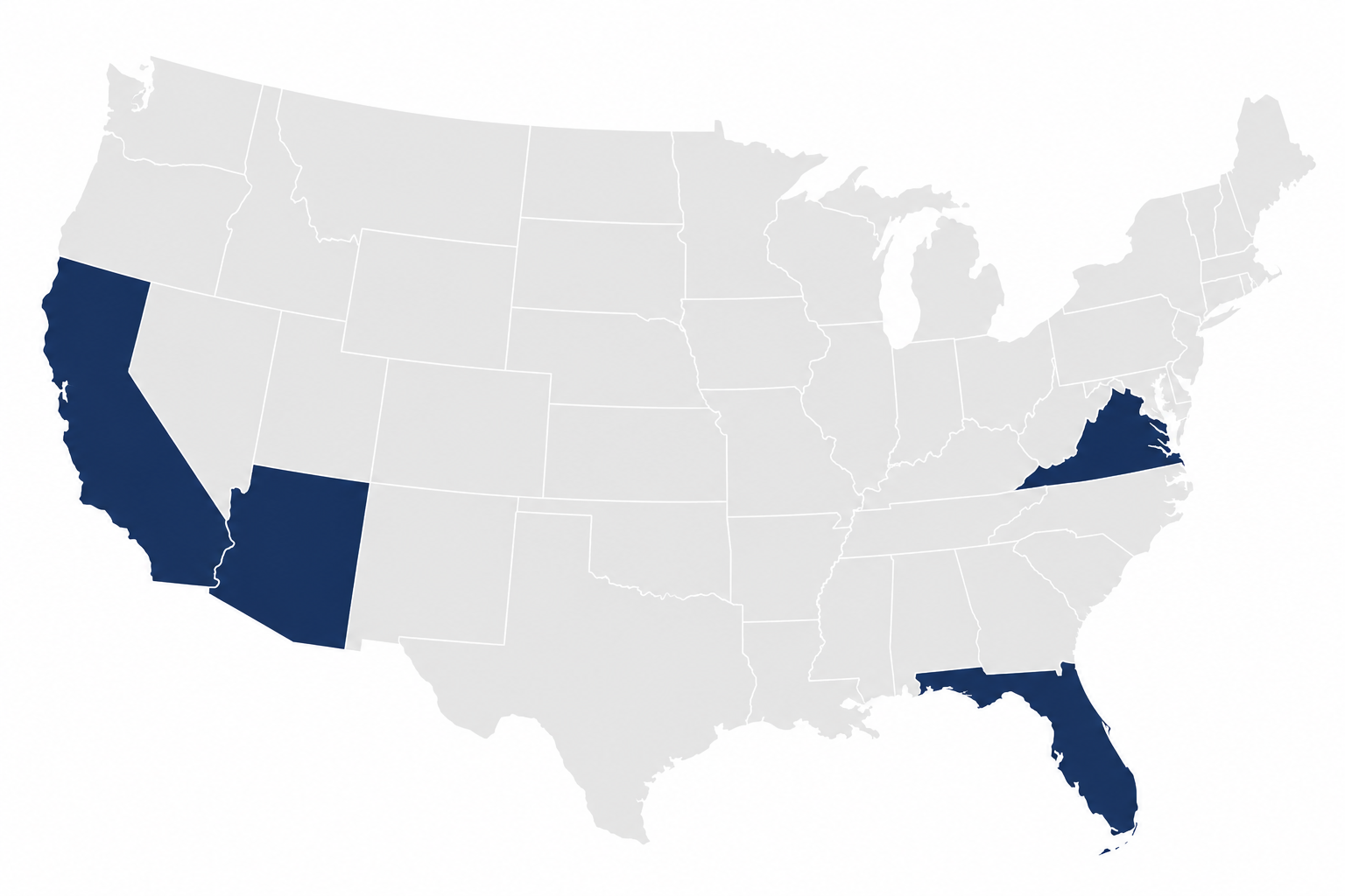 Map of the United States highlighting California, Nevada, Florida, and New York in dark blue.