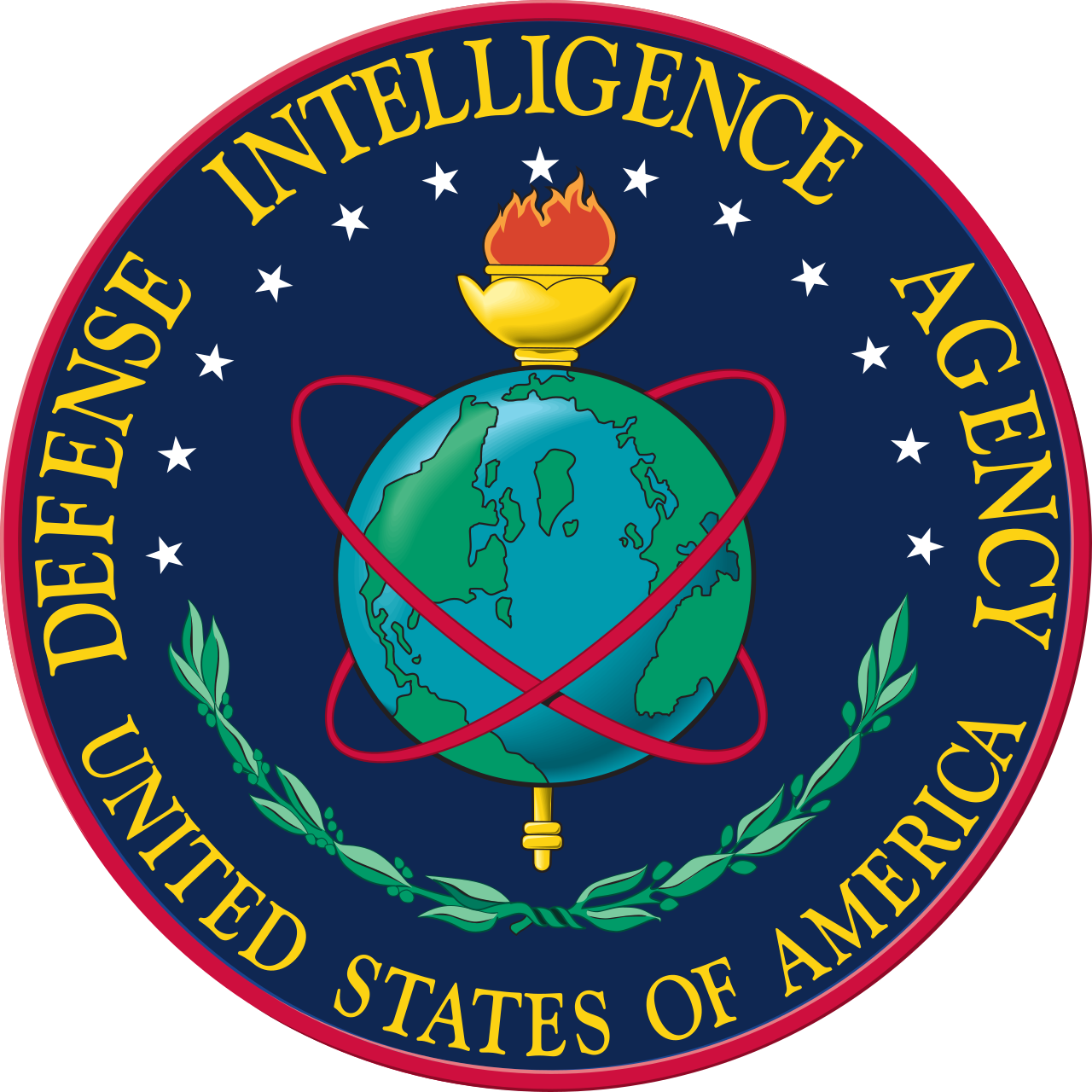 Seal of the Defense Intelligence Agency featuring a globe with an eagle holding a flaming torch, surrounded by a detailed border with the text 'Defense Intelligence Agency' and 'United States of America'.