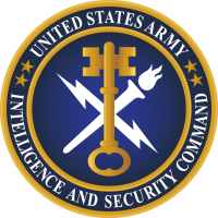 Emblem of the U.S. Army Intelligence and Security Command showing a key, sword, lightning bolt, and torch on a blue background with gold trim.