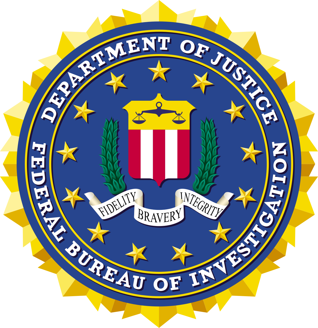 Seal of the U.S. Department of Justice featuring a shield with scales of justice, flanked by green laurel branches, with a banner reading 'Fidelity, Bravery, Integrity' and surrounded by a yellow gold sunburst.