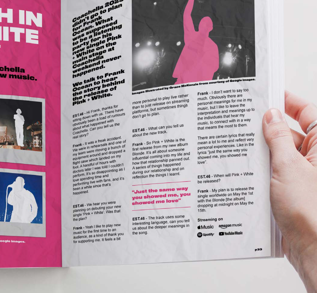 Page from a magazine featuring an article about Coachella 2023, including a pink silhouette of a person on stage, interview excerpts with Frank Ocean about his performance, and mentions of music streaming platforms.