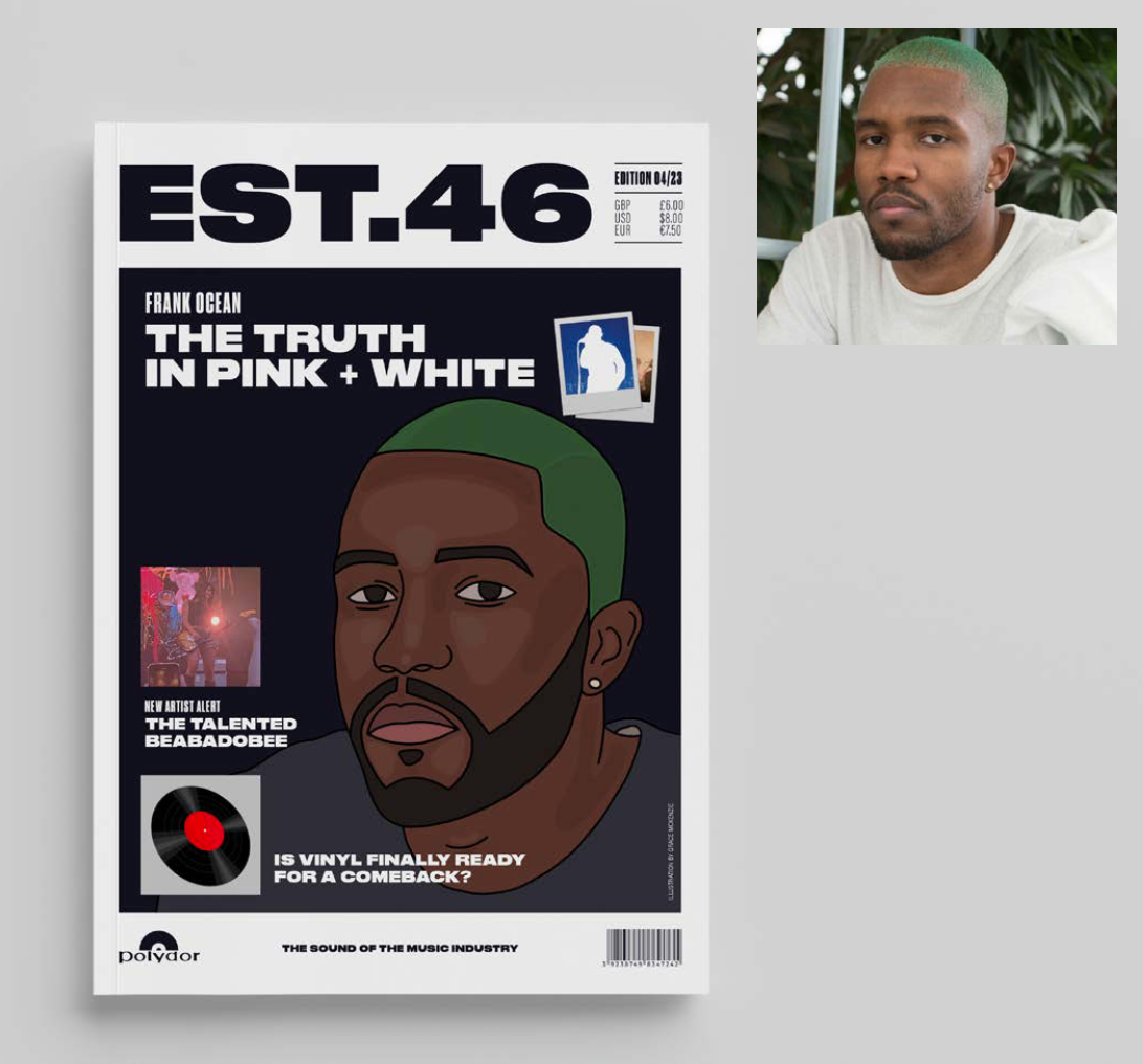 Magazine cover titled "EST.46" featuring an illustrated portrait of a man with green hair and a beard, with headlines about music, artists, and vinyl records, and a small photograph of a person performing on stage.